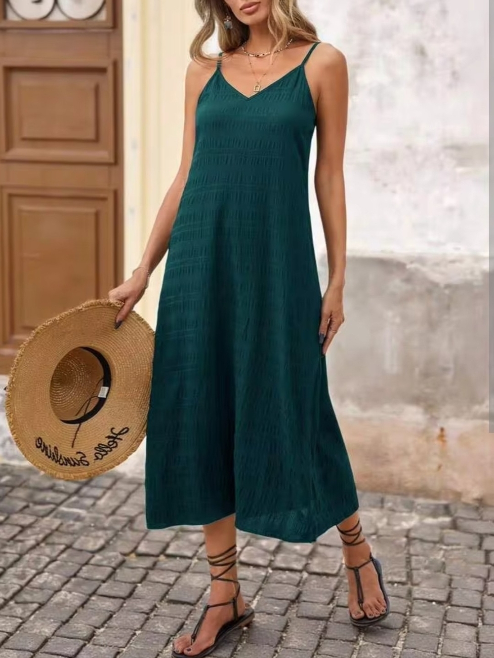 SHEIN Dark Green V-Neck Maxi Dress SZ L (8/10)